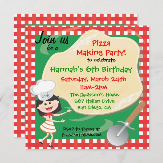 ピザ作り誕生日パーティー招待カード 招待状 (正面/裏面)