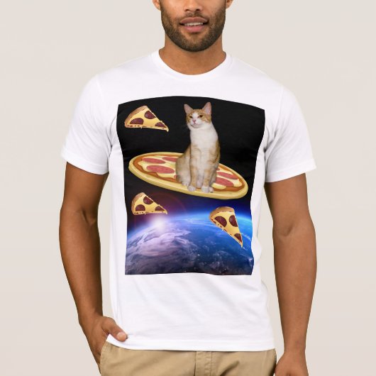 ピザ入り宇宙おもしろいTシャツ猫 Tシャツ (正面)