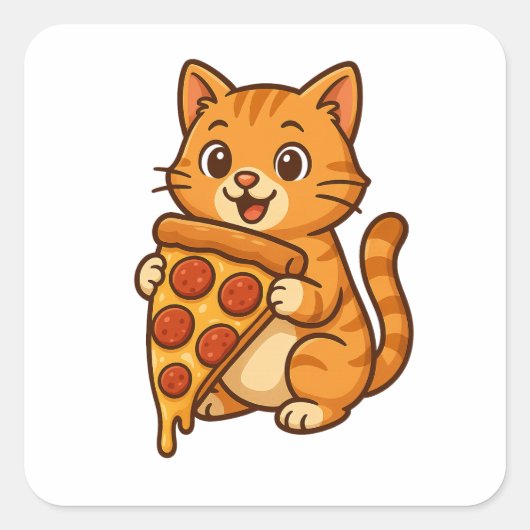 ピザ好きの猫ステッカー – おもしろいかわいいグルメDes スクエアシール (正面)