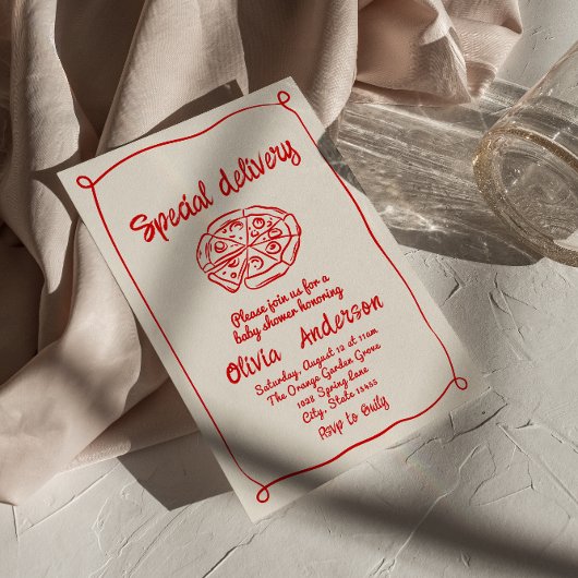 ピザ手引き特殊配送おもしろいベビーシャワー 招待状