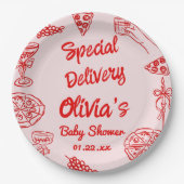 ピザ手引き赤い特別配送ベビーシャワー ペーパープレート (正面)