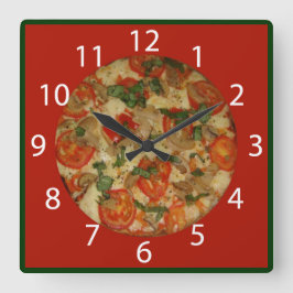ピザ時間-赤縁どと白の数字 スクエア壁時計