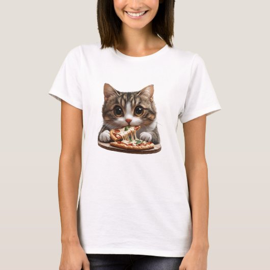 ピザ猫シャツ、食べる猫Tシャツ Tシャツ (正面)