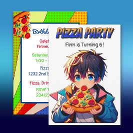 ピザ誕生日パーティー | Anime Boy with Pizza 招待状