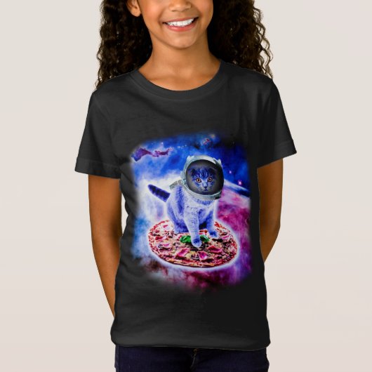 ピザ飛んでいる宇宙飛行士のキッおもしろいテン宇宙 Tシャツ (正面)