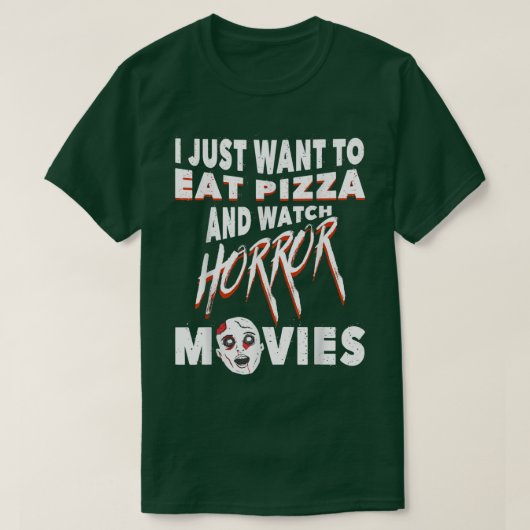 ピザ食べとホラー映画の映画好き Tシャツ (デザイン正面)