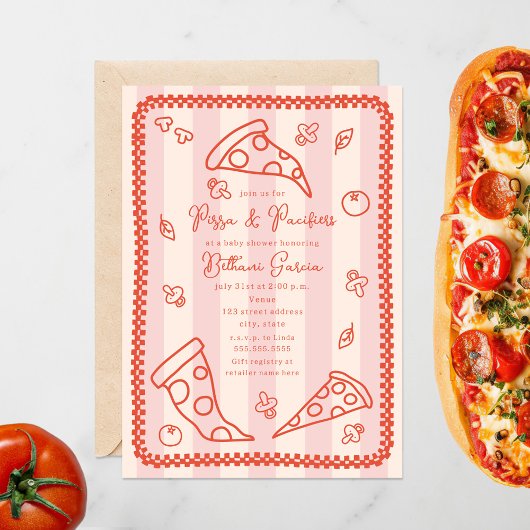 ピザ&おしゃれなスケッチドゥードルガールベビーシャワー 招待状