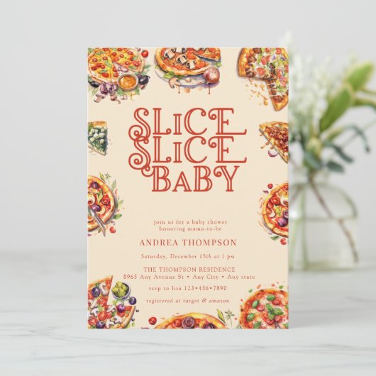ピザ |スライス |赤男女兼用ちゃんシャワー 招待状 (スタンド正面)