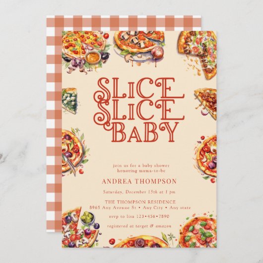 ピザ |スライス |赤男女兼用ちゃんシャワー 招待状 (正面/裏面)