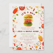 ピザ&パシファイアトッピングバーガーBBQベビーシャワー 招待状 (正面)