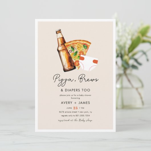 ピザ&ビールおむつカップル赤カジュアルちゃんシャワー 招待状 (スタンド正面)