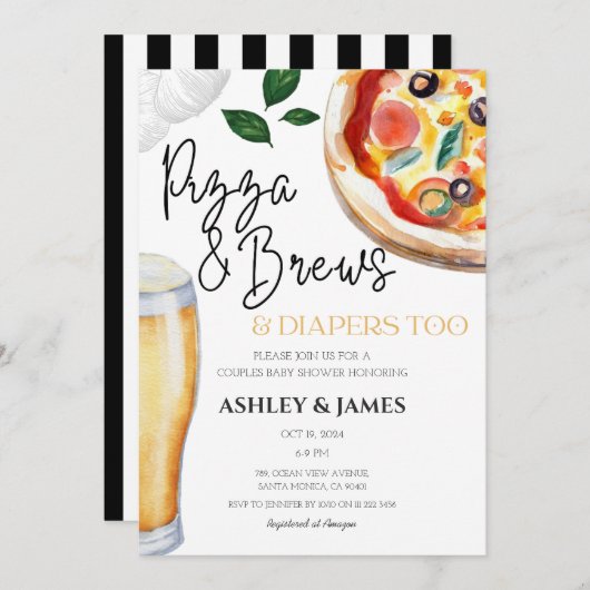ピザ&ビールおむつカップル赤カジュアルちゃんシャワー 招待状 (正面/裏面)