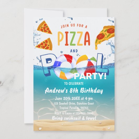 ピザ&プールパーティーサマーウォーター誕生日 招待状 (正面)