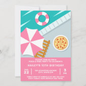 ピザ プールパーティー スイミングプール ピンク モダン 招待状 (正面)