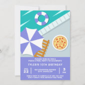ピザ プールパーティー 水泳プール 青 モダン 招待状 (正面)