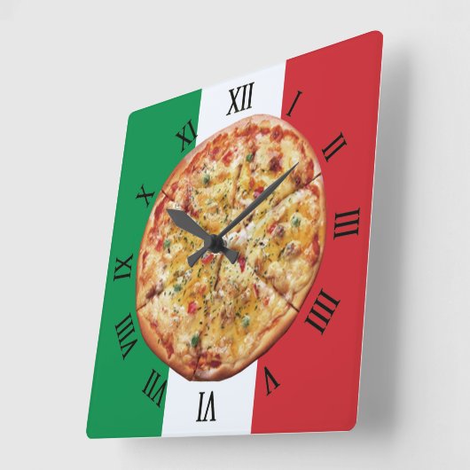 ピザ〜ローマ数字〜に〜のフラグイタリアンを付ける スクエア壁時計 (傾斜)