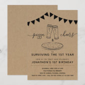 ピザ&乾杯&ビール 誕生日パーティー 1歳誕生日 招待状 (正面/裏面)