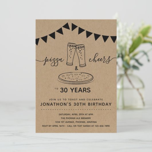 ピザ&応援&ビール誕生日パーティー – 任意の年齢 招待状 (スタンド正面)