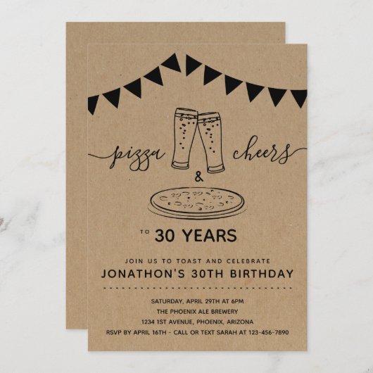 ピザ&応援&ビール誕生日パーティー – 任意の年齢 招待状 (正面/裏面)