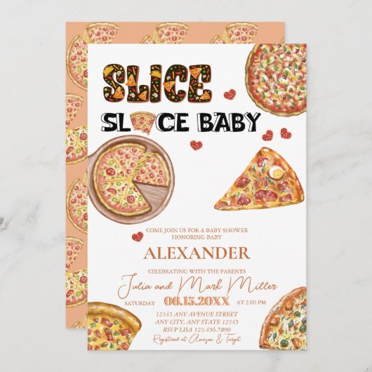 ピザ |赤男女兼用ちゃんシャワー 招待状 (正面/裏面)
