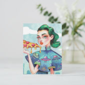 ピザUFOシャツのスライスを持つ女性 ポストカード (スタンド正面)