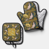 ピジョンブルーイエローフィッシュアールヌーボー 鍋つかみ&鍋敷きセット (正面/裏面)