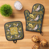 ピジョンブルーイエローフィッシュアールヌーボー 鍋つかみ&鍋敷きセット (トップダウン)