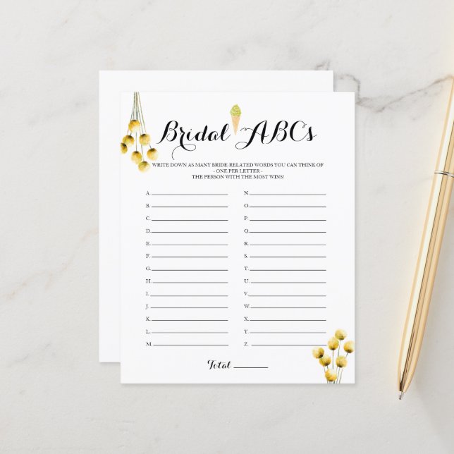 ピスタチオブライダルシャワーブライダルABCsゲーム (正面/裏面インサイチュ)
