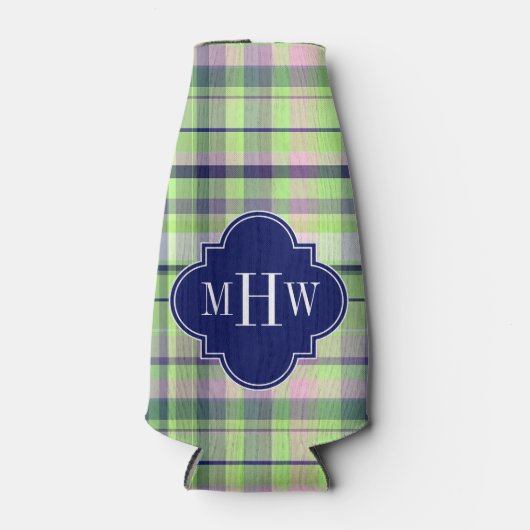 ピスタチオ・ピンクネイビーWhtマドラス名門私立校風のモノグラム ボトルクーラー (正面)