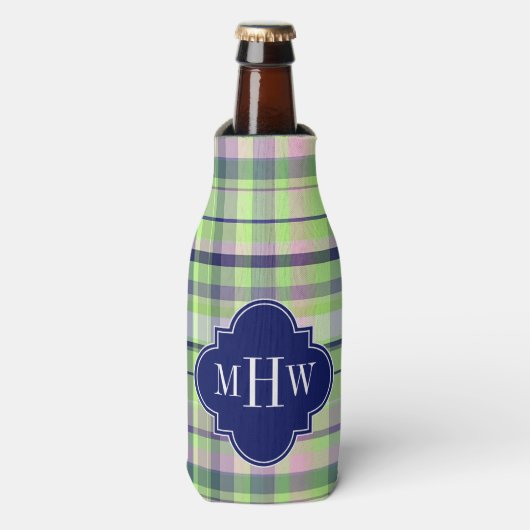 ピスタチオ・ピンクネイビーWhtマドラス名門私立校風のモノグラム ボトルクーラー (ボトル正面)