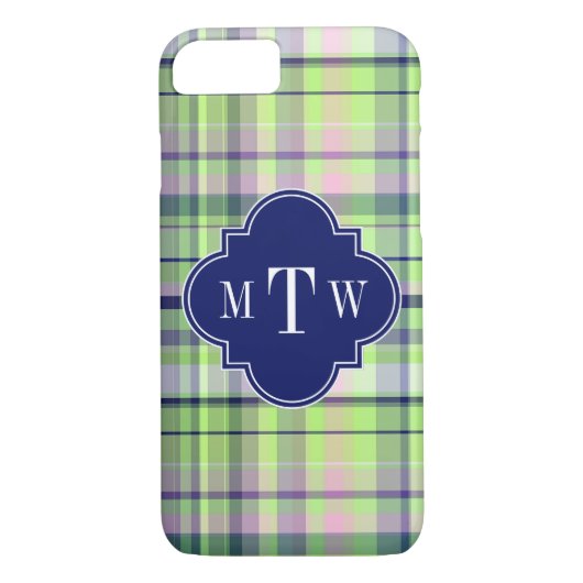 ピスタチオ・ピンクネイビーWhtマドラス名門私立校風のモノグラム Case-Mate iPhoneケース (裏面)