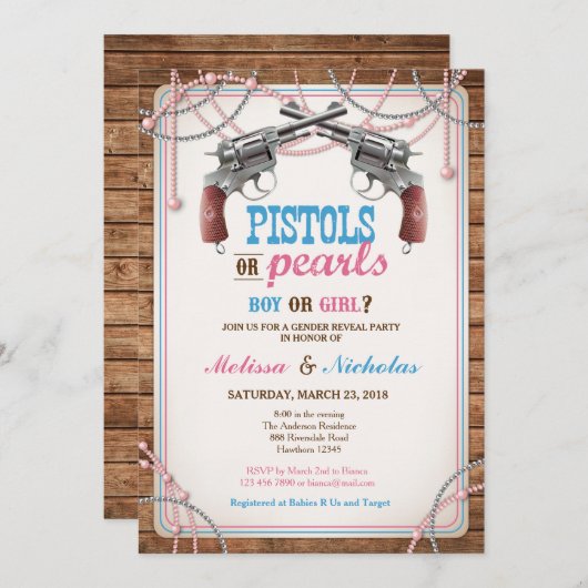 ピストルまたは真珠の性は招待状を明らかにします 招待状 (正面/裏面)