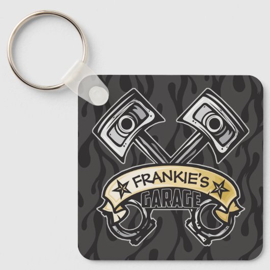 ピスト改造ソン幽霊フレイムス名前をカスタムするガレージ キーホルダー (正面)