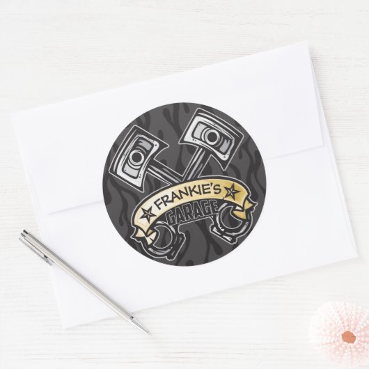 ピスト改造ソン幽霊フレイムス名前をカスタムするガレージ ラウンドシール (封筒)
