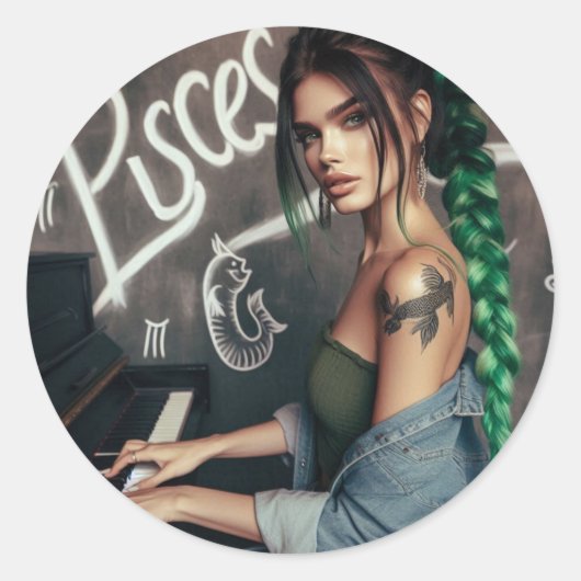 ピセス〔占星術の〕十二宮図ミュージシャンピアノ ラウンドシール (正面)