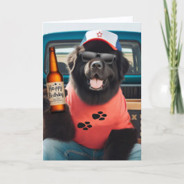 ピックアップトラックの荷台でビールを飲むニューファンドランド 誕生日カード サンキューカード