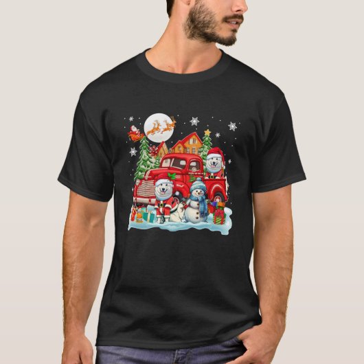 ピックアップトラックの雪の上にクリスマスサンタサムーズ2人 Tシャツ (正面)