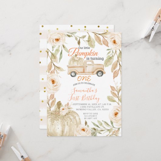 ピックアップトラックパンプキン第3誕生日招待状 招待状 (正面/裏面インサイチュ)