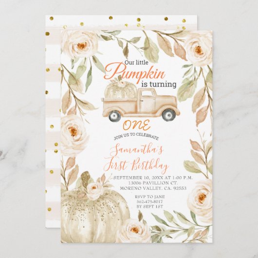 ピックアップトラックパンプキン第3誕生日招待状 招待状 (正面/裏面)