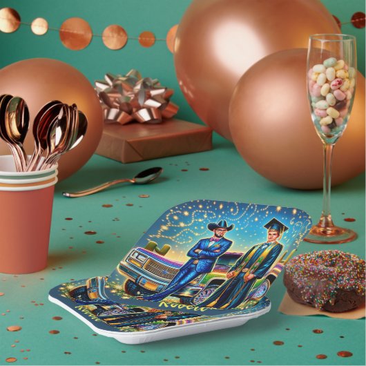 ピックアップトラック付きカウボーイ卒業カスタム男 ペーパープレート (複数)