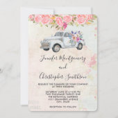 ピックアップトラック素朴と花の水の色結婚の 招待状 (正面)