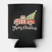 ピックアップトラック赤いバッファロープレイドメリークリスマス 缶クーラー (正面)