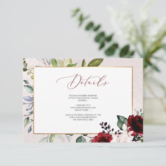 ピックスデザインのバーガンディーブラッシュブルームズの詳細カード 招待状 (スタンド正面)