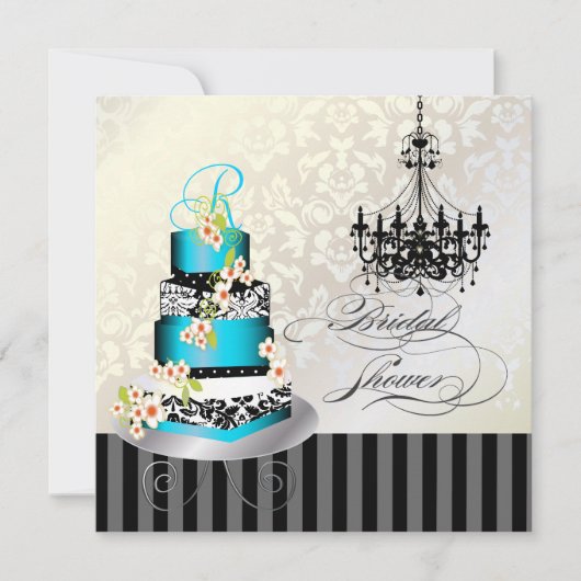 ピックスデザインのモノグラムのブライズシャワー、青いケーキ 招待状 (正面)