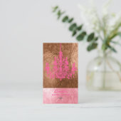 ピックスデザインズのピンク＆ホワイトのシャンデリア/フェイクフォイル 名刺 (スタンド正面)