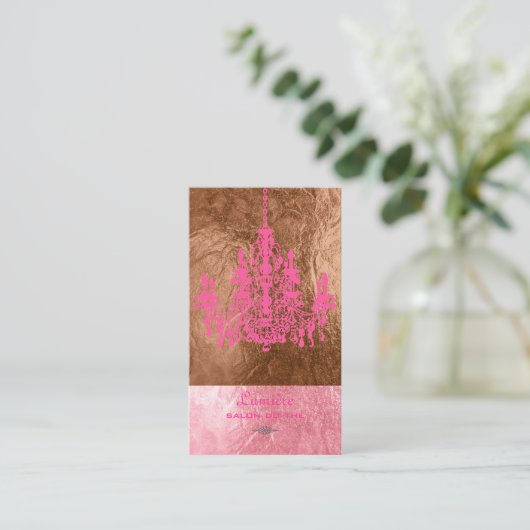 ピックスデザインズのピンク＆ホワイトのシャンデリア/フェイクフォイル 名刺 (スタンド正面)