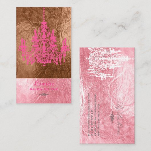 ピックスデザインズのピンク＆ホワイトのシャンデリア/フェイクフォイル 名刺 (正面/裏面)