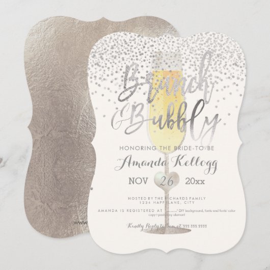 ピックスデザインズのブランチとバブルリー/シルバー・コンフェッティ 招待状 (正面/裏面)