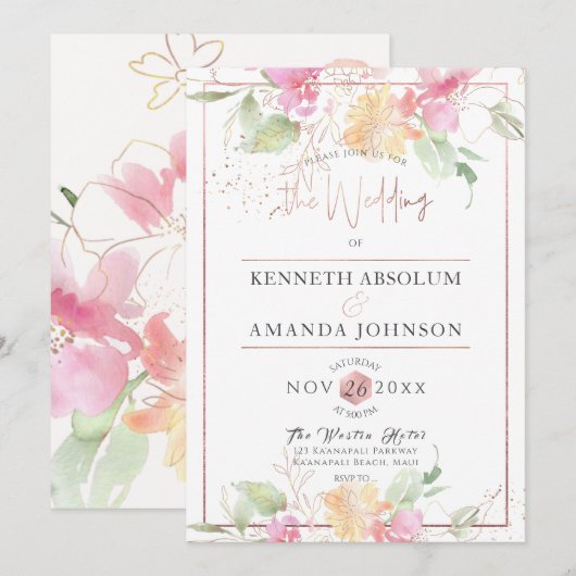 ピックスデザインズの恥じらいロマンス、水彩の花 招待状 (正面/裏面)