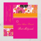 ピックスデザインズの楽しいレトロな花柄、バト・ミツバ【祝賀】 招待状 (正面/裏面)